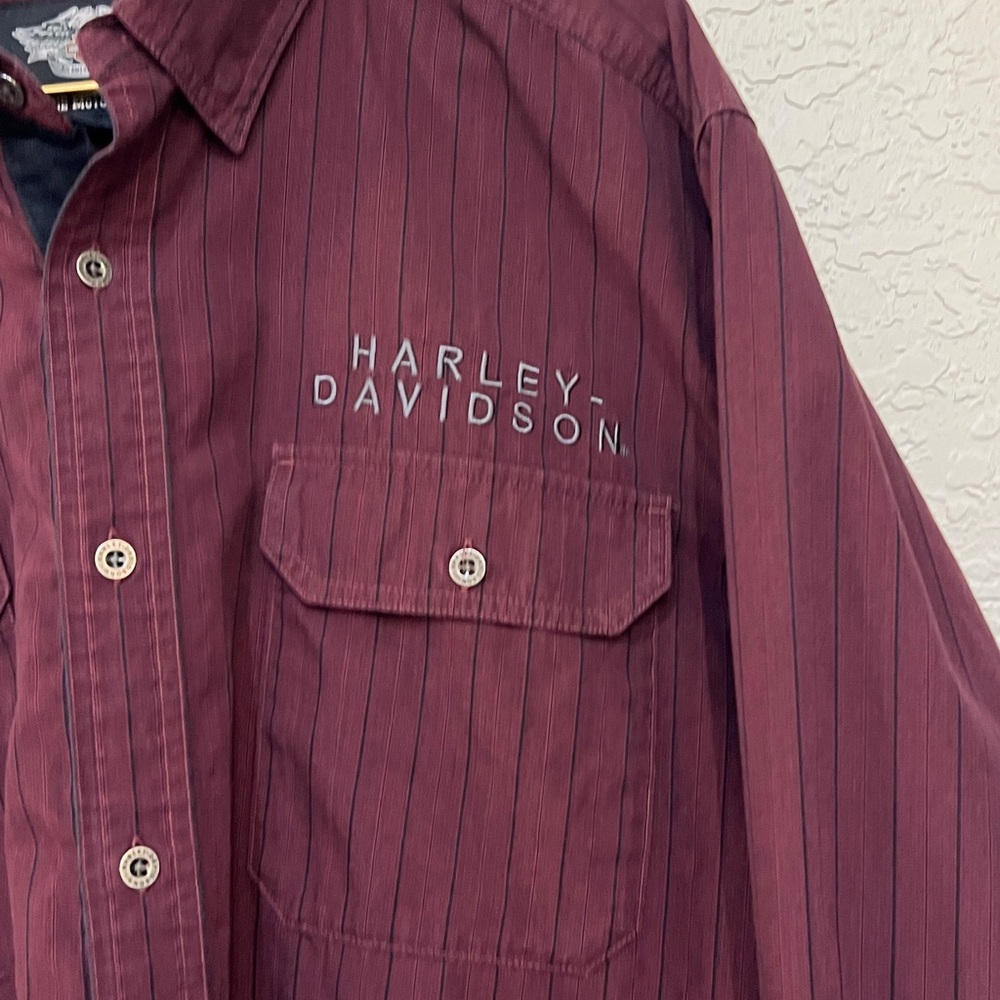 Harley-Davidson Burgundy Pinstripe Embroidered Long Sleeve Button Down Shirt - Picture 5 of 13